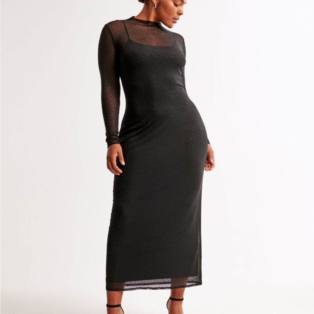 Black Long Sleeve Rhinestone Mesh Maxi Dress / Abercrombie